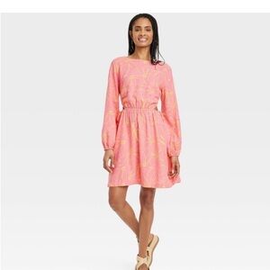 Universal Threads Pink/Yellow Linen Floral Long-Sleeve Casual Dress